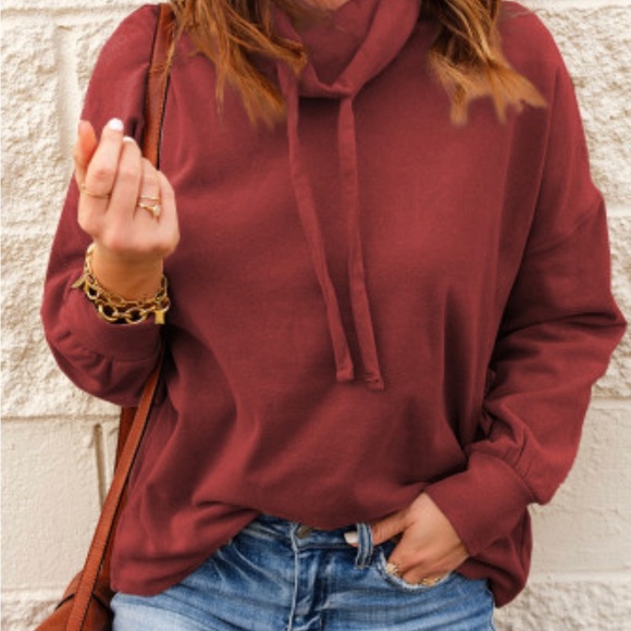 Red L Cowl Neck Drop Shoulder Sweatshirt - Picture 2 of 3